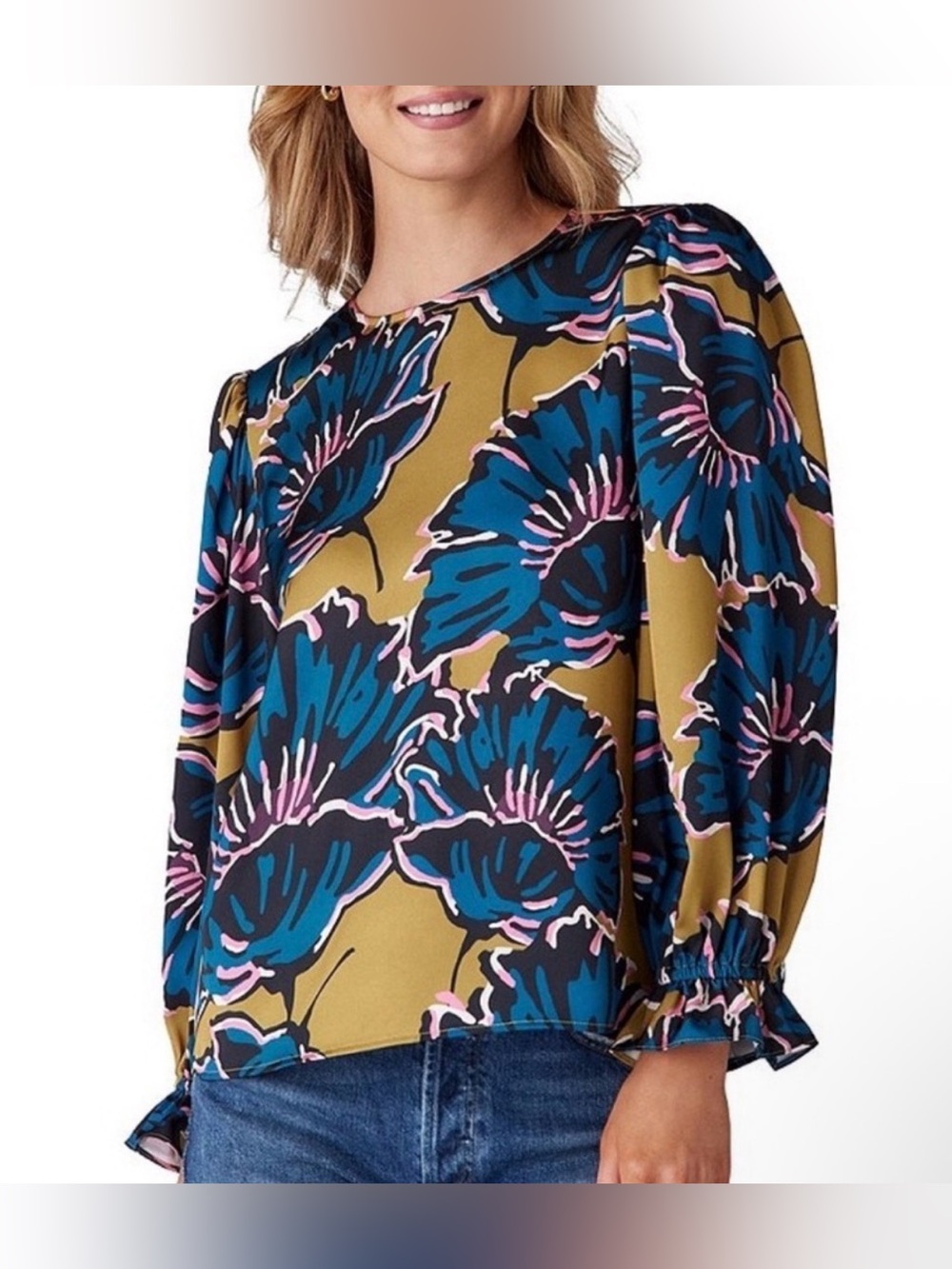 CROSBY by Mollie Yellow and Blue Puff Sleeve Blouse